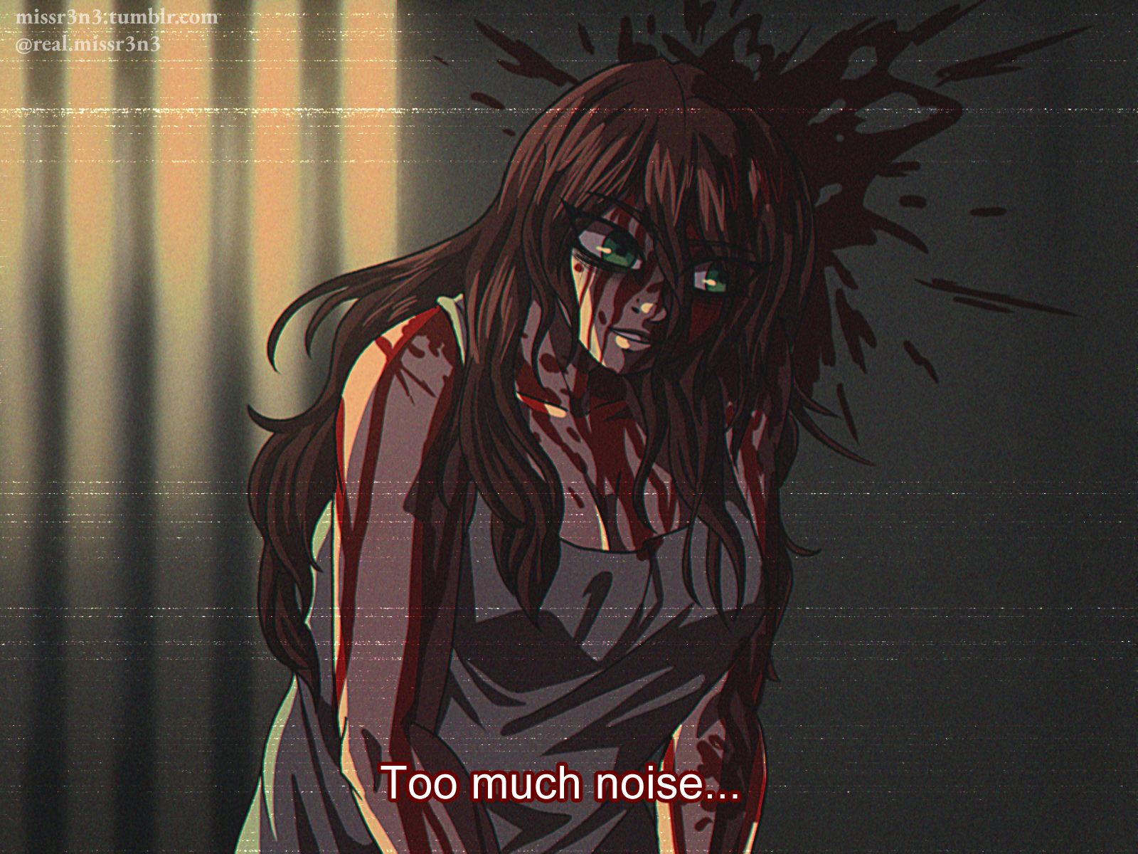 a fake anime screenshot of vanessa from the cabin tales christmas special after she bashed her head against the wall. text in the style of fansubs reads 'too much noise...'